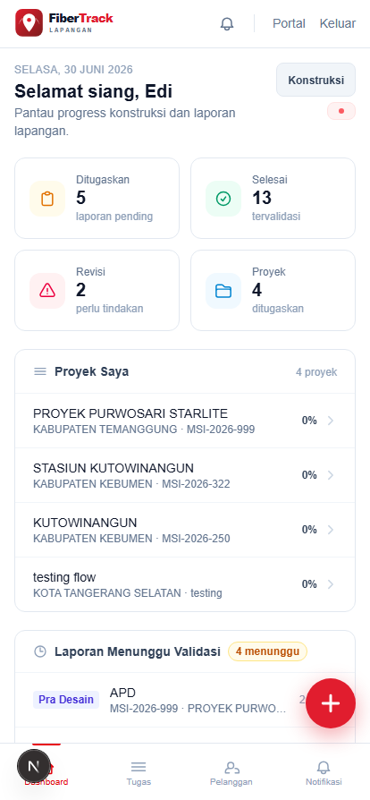 Modul Lapangan FiberTrack di ponsel